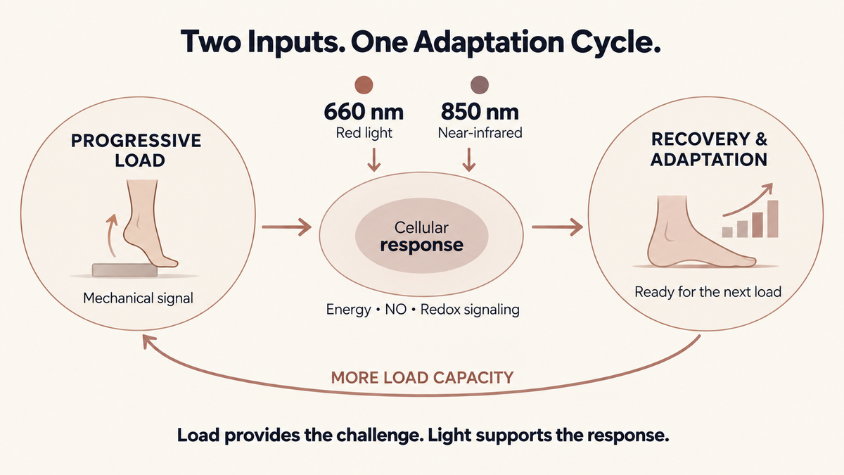 Progressive loading and red light recovery cycle for plantar fasciitis