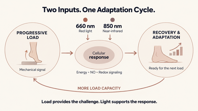 Progressive loading and red light recovery cycle for plantar fasciitis
