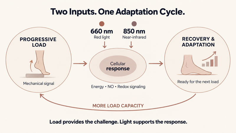 Progressive loading and red light recovery cycle for plantar fasciitis