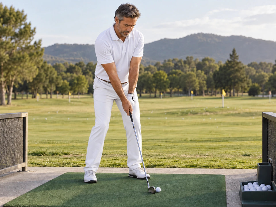 Golfer practicing with an iron at a driving range