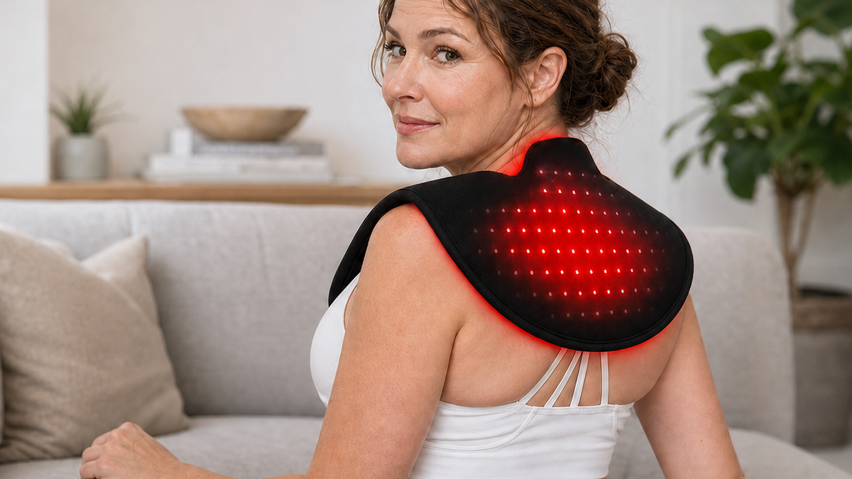 A woman wearing the SISSILUX shoulder wrap while relaxing at home.