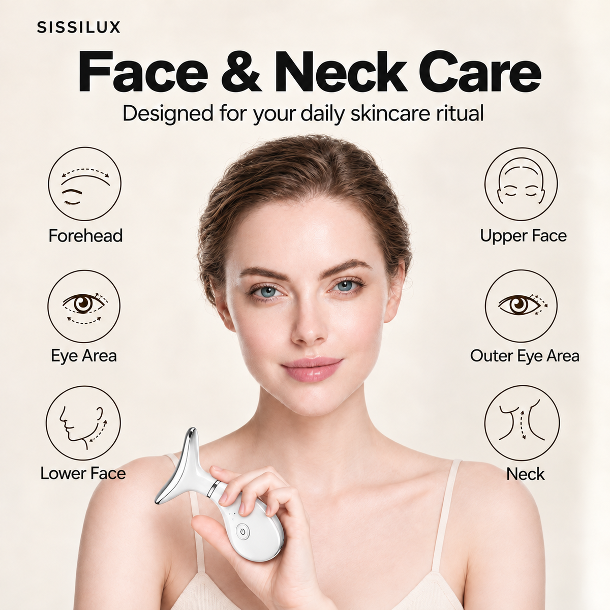 White SISSILUX face and neck beauty wand shown with six facial and neck care areas.