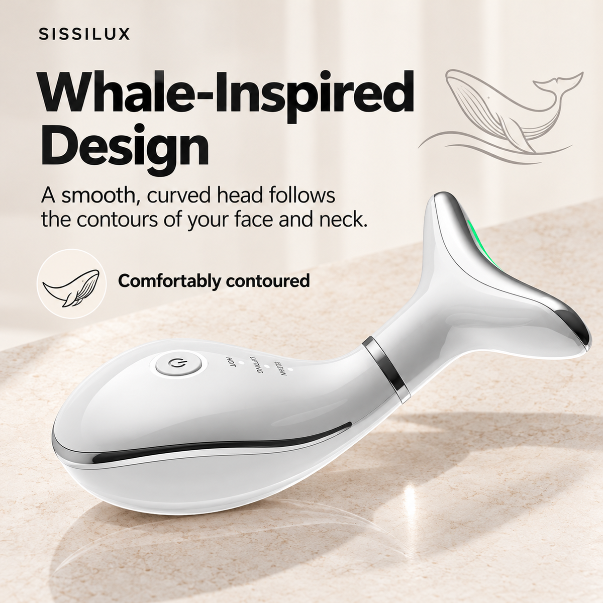 Whale-inspired curved head and white contoured body of the SISSILUX face and neck beauty wand.