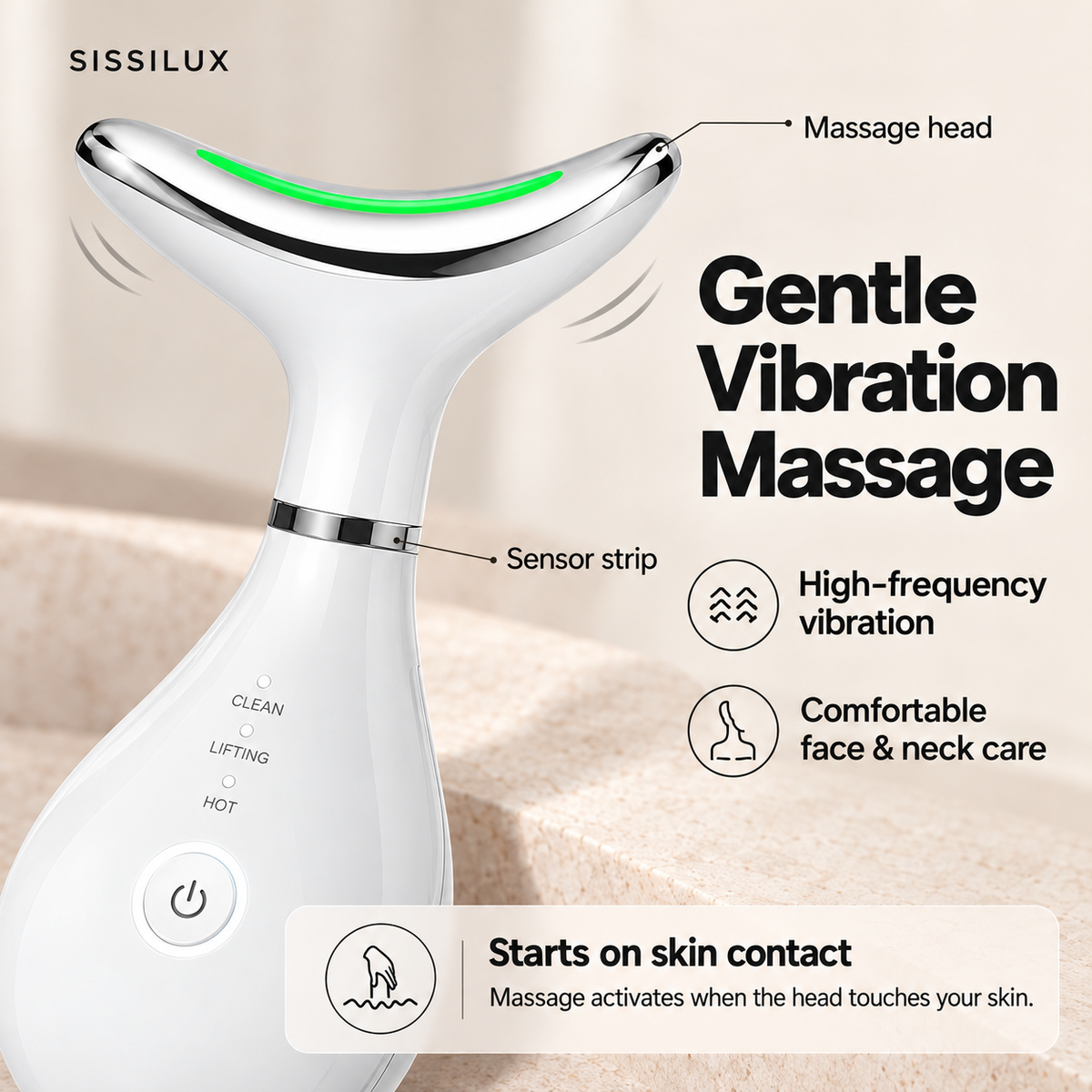 Close-up of the white beauty wand massage head and sensor strip with skin-contact massage activation.