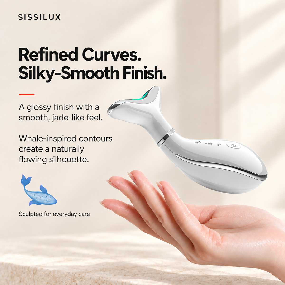 White SISSILUX beauty wand with flowing contours, reflective trim and a smooth finish.
