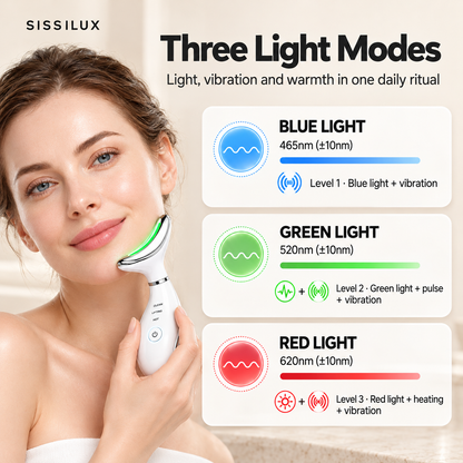 SISSILUX beauty wand blue, green and red LED modes with wavelength and function details.