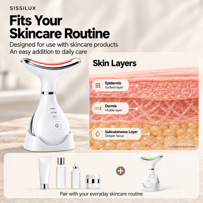 White beauty wand in its base alongside skincare products and a conceptual three-layer skin illustration.