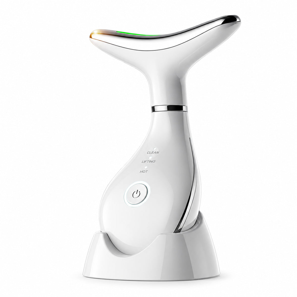 White SISSILUX face and neck beauty wand seated in its matching charging base on a clean white background.