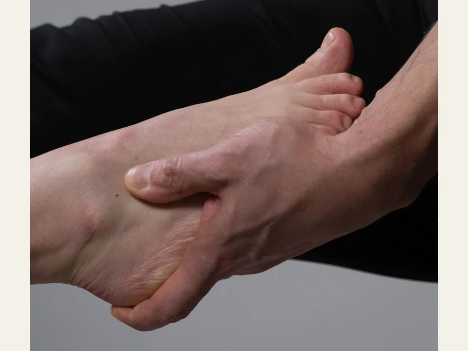 Hands supporting the heel and arch of a foot