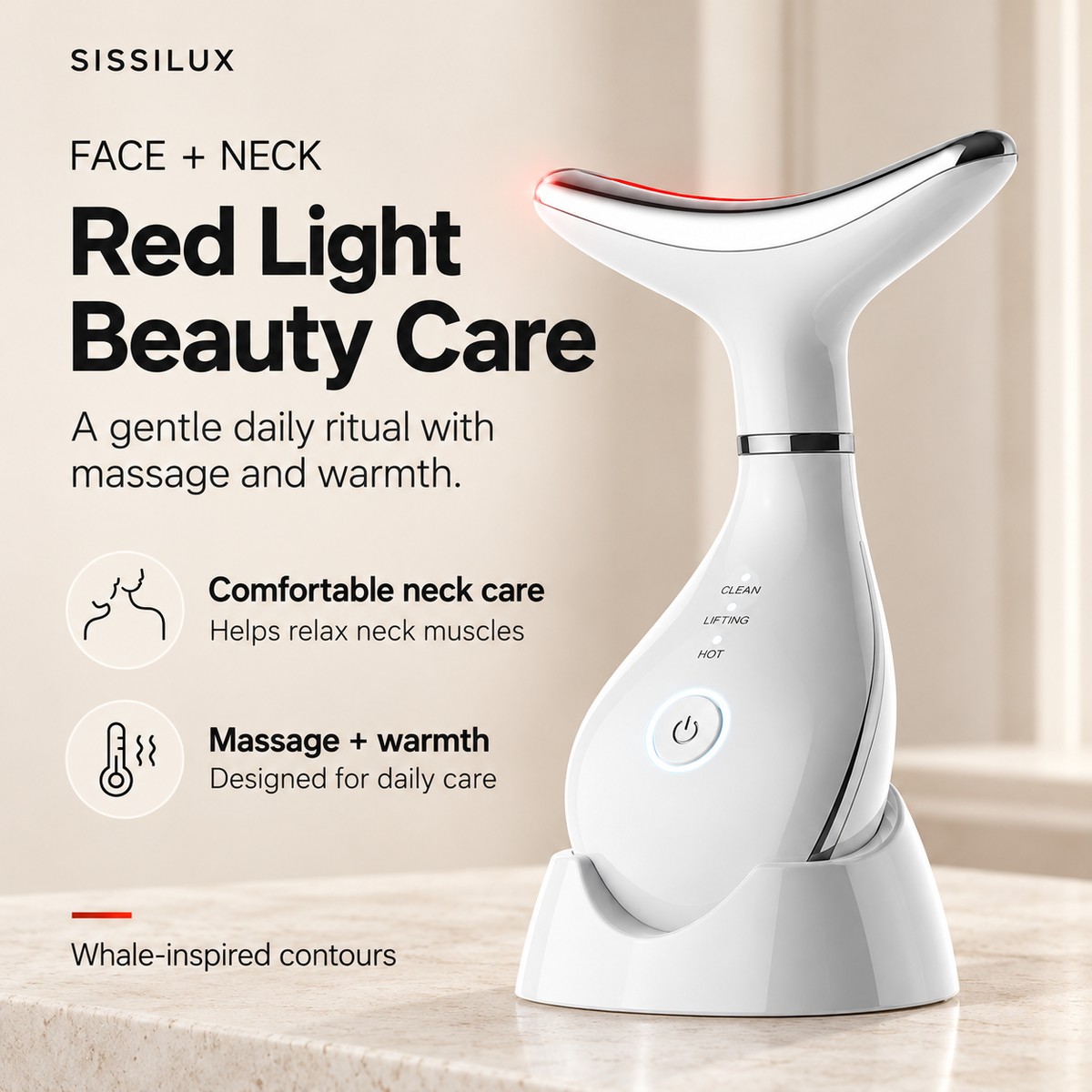 White SISSILUX red light face and neck beauty wand in its matching base, with warming and vibration features.