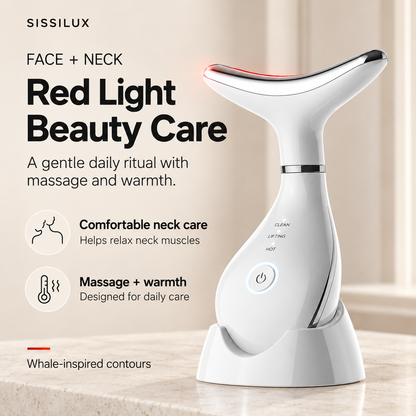 White SISSILUX red light face and neck beauty wand in its matching base, with warming and vibration features.